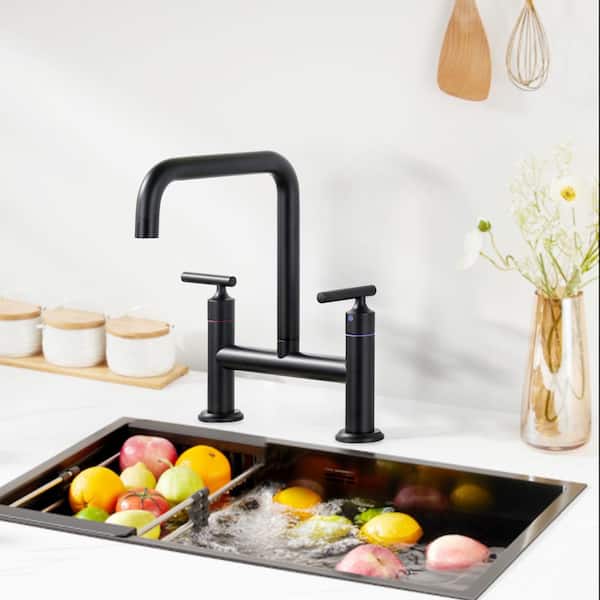 Double Handle 2-Hole Solid Brass Bridge Kitchen Faucet with 360° Rotation Spout in Matte Black