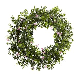 Mini Ivy and Floral 18 in. Artificial Double Ring Wreath with Twig Base