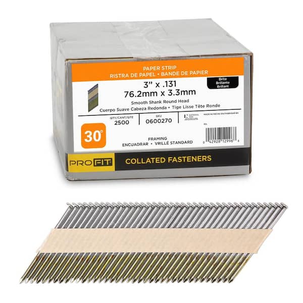 PRO-FIT 3 in. x 0.131 30-Degree Bright Finish Smooth Shank Paper Tape Framing Nails (2500-Per Box)