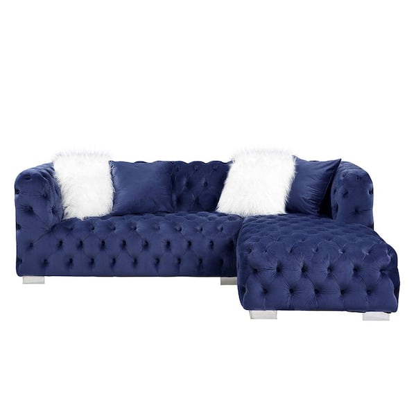 Acme Furniture Syxtyx 69 in. W Round Arm 2-Piece Velvet L Shaped Modern Sectional Sofa in Blue