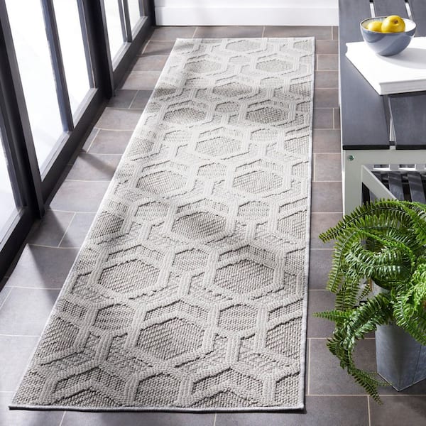 Global 2 ft. x 8 ft. Gray/Ivory High-Low Hexagon Runner Rug