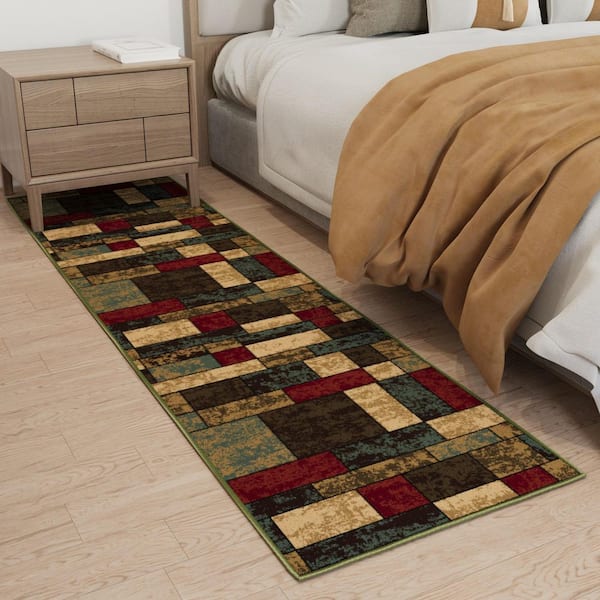 Ottohome Collection Non-Slip Rubberback Boxes Design 2x7 Indoor Runner Rug, 1 ft. 10 in. x 7 ft., Multicolor
