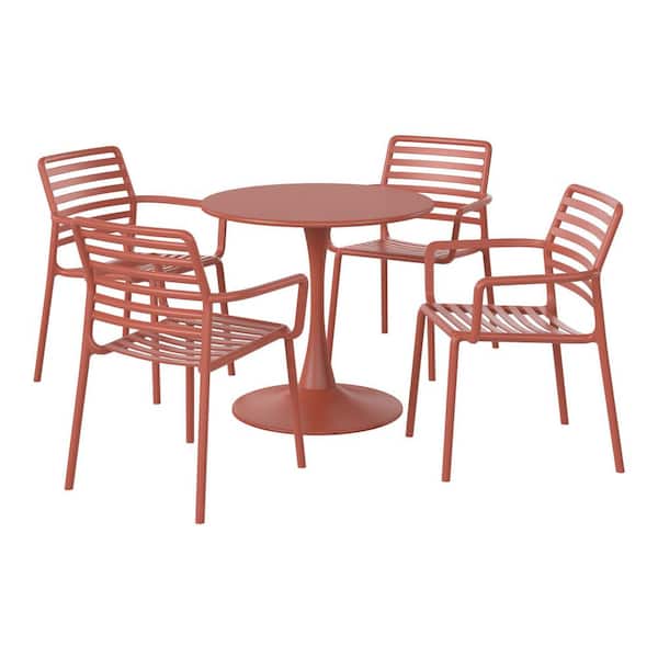 Frond and Form Outdoor Patio Modern 5-Piece Round HDPE Plastic Dining Table Set with Stackable Chairs, Red