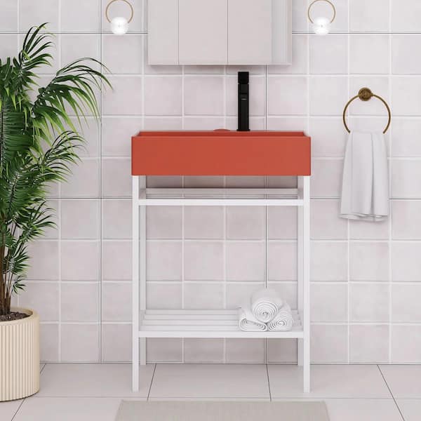 Boosicavelly 24 in. W x 14 in. D x 33 in. H Single Sink Freestanding Bath Vanity in White with Red Ceramic Top
