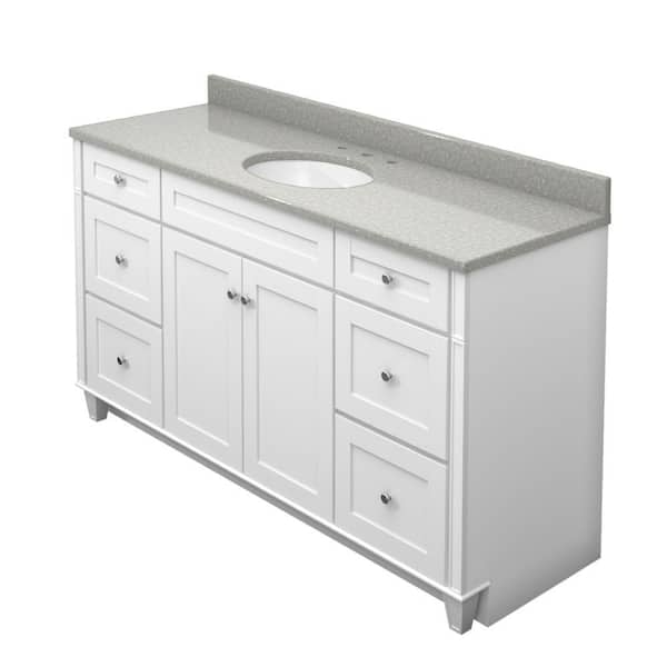 KraftMaid 60 in. Vanity in Dove White with Natural Quartz Vanity Top in Painted Turtle and White Sink