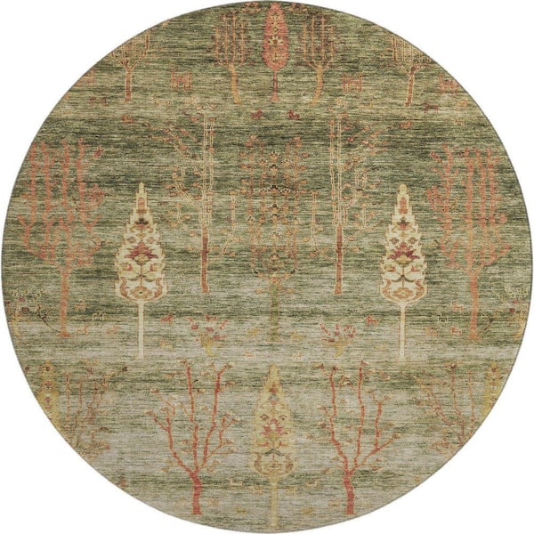 Mayfield Premium Machine Washable Abstract AMF1922 Aloe 8 ft. x 8 ft. Round Rug