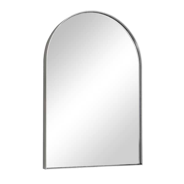 26 in. W x 38 in. H Arched Framed Decorative Wall Mounted Bathroom Vanity Mirror in Brushed Nickel, Tempered Glass