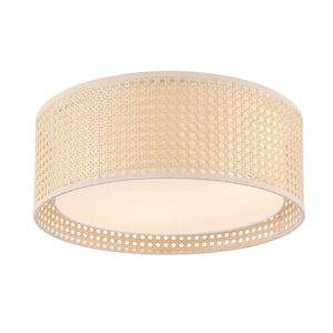 15.7 in. Modern 3-Light khaki Flush Mount Ceiling Light Fixture with Rattan and Fabric Double Drum Shade