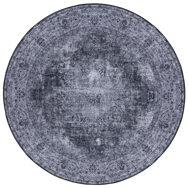SAFAVIEH Tucson Black/Gray 6 ft. x 6 ft. Machine Washable Border Floral Medallion Round Area Rug