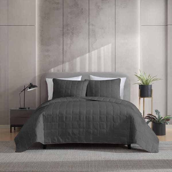 Stonewashed 3-Piece Charcoal Grey Microfiber King Quilt Set