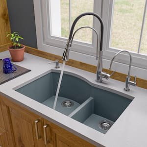 Undermount Granite Composite 33 in. 35/65 Double Bowl Kitchen Sink in Titanium