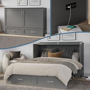 Raleigh Queen Grey Wood Murphy Bed Chest with Mattress, Storage & Built-in Charging