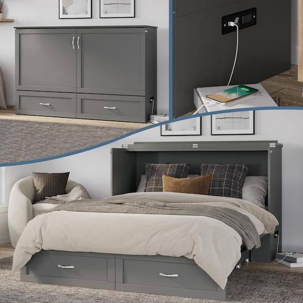 AFI Raleigh Queen Grey Wood Murphy Bed Chest with Mattress, Storage & Built-in Charging