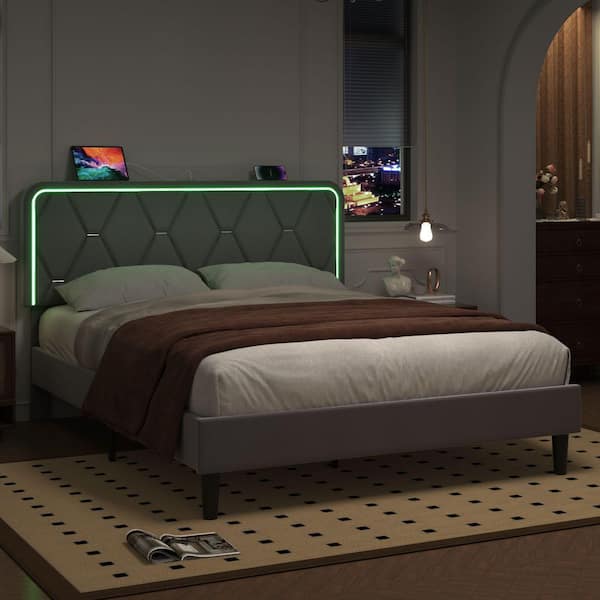 Upholstered Bed Queen Smart LED Bed Frame with Adjustable Gray Headboard, Platform Bed with Solid Wood Slats Support
