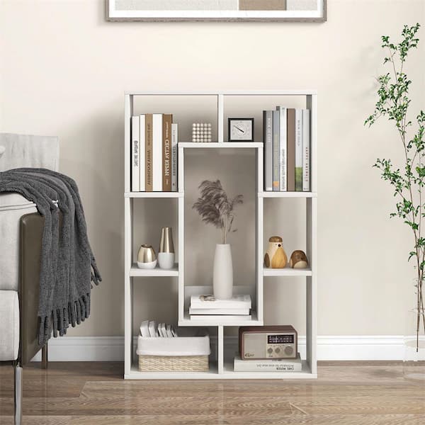 35.5 in. Tall White Engineered Wood 7-Shelf Geometric Bookcase with Open Storage and Tip-Resistant Hardware