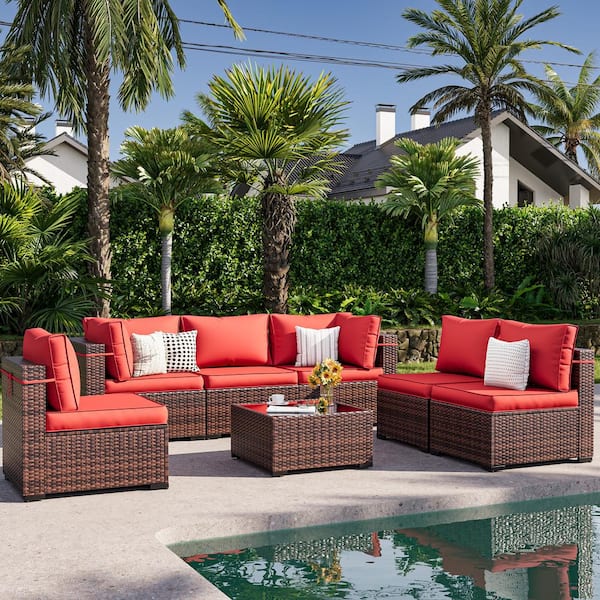7-Piece Rattan Sectional Seating Group with Bright Red Cushions