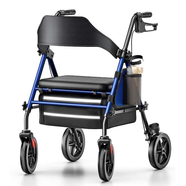 4-Wheel Rollator Walker with Seat in Blue, 350 lbs. Capacity, Adjustable Handles and Seat, Foldable Design, Cup Holder