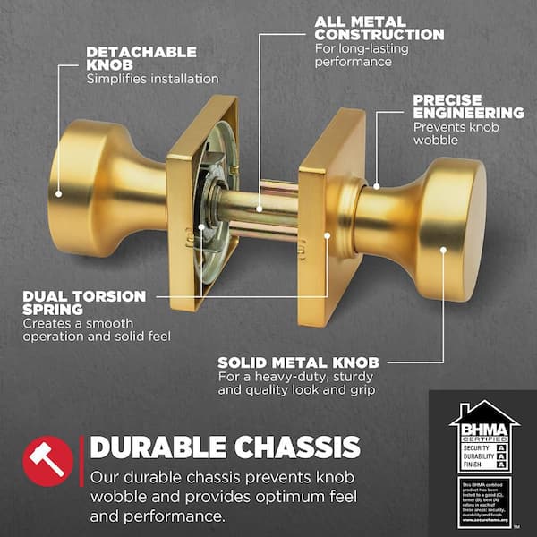 Kwikset Pismo Satin Brass Square Hall Closet Door Knob Featuring