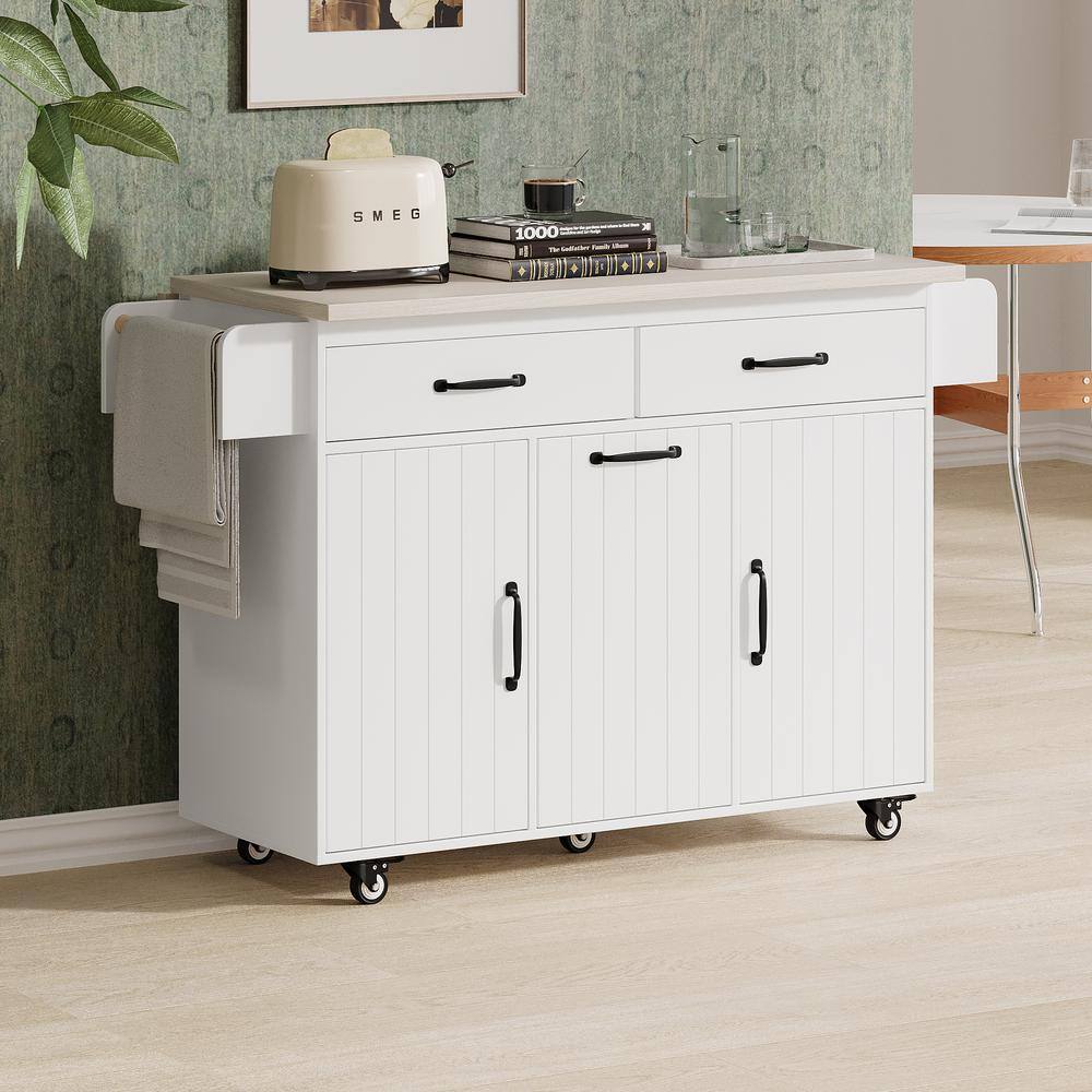 tunuo White Wood 51.06 in. W Kitchen Island with Trash Can Storage