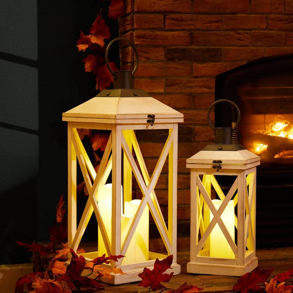 Set of 2 White Wooden Tabletop Candle Lanterns with Metal Top