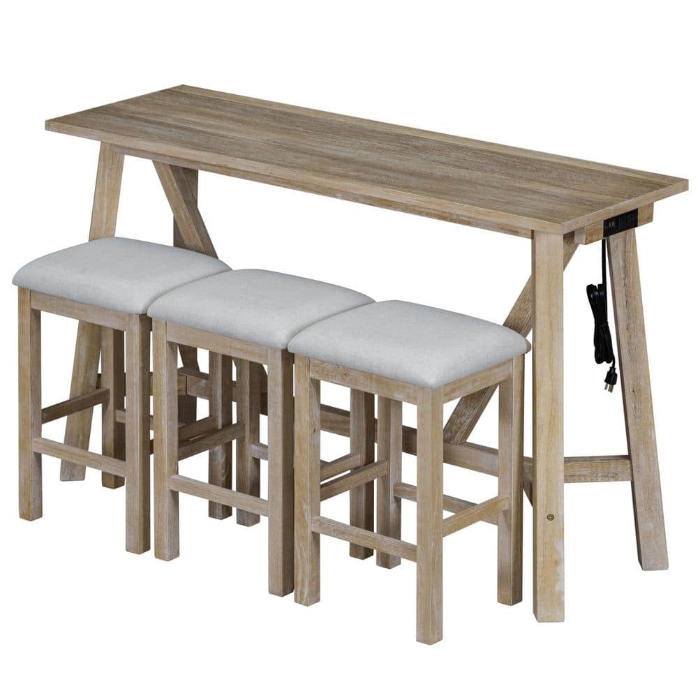 Natural 4-Piece Wood Outdoor Dining Set with 3 Upholstered