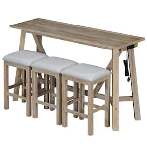 Natural 4-Piece Wood Outdoor Dining Set with 3 Upholstered Stools