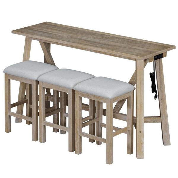 Unbranded Natural 4-Piece Wood Outdoor Dining Set with 3 Upholstered Stools
