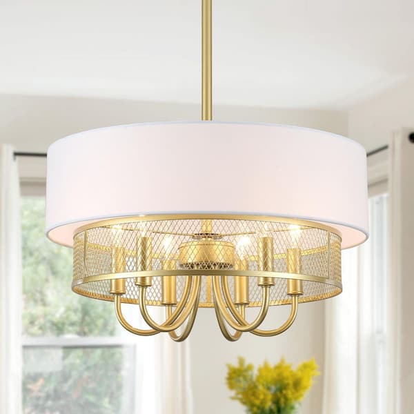 18.11 in. 6-Light Golden Pendant Design Drum Chandelier with Fabric Shade and No Bulbs Included For Living Room
