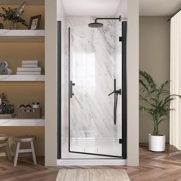Getpro 36 to 37-1/4 in. W x72 in. H Frameless Shower Door Right Hinged Pivot Swing Single Door in Matte Black Clear Glass