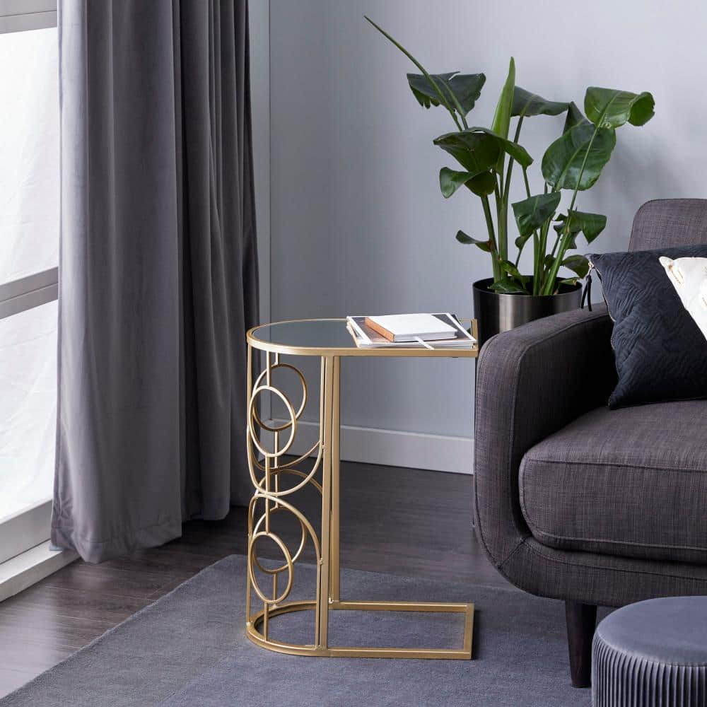 Gold Metal and Mirrored Glass C-Shaped Accent Table