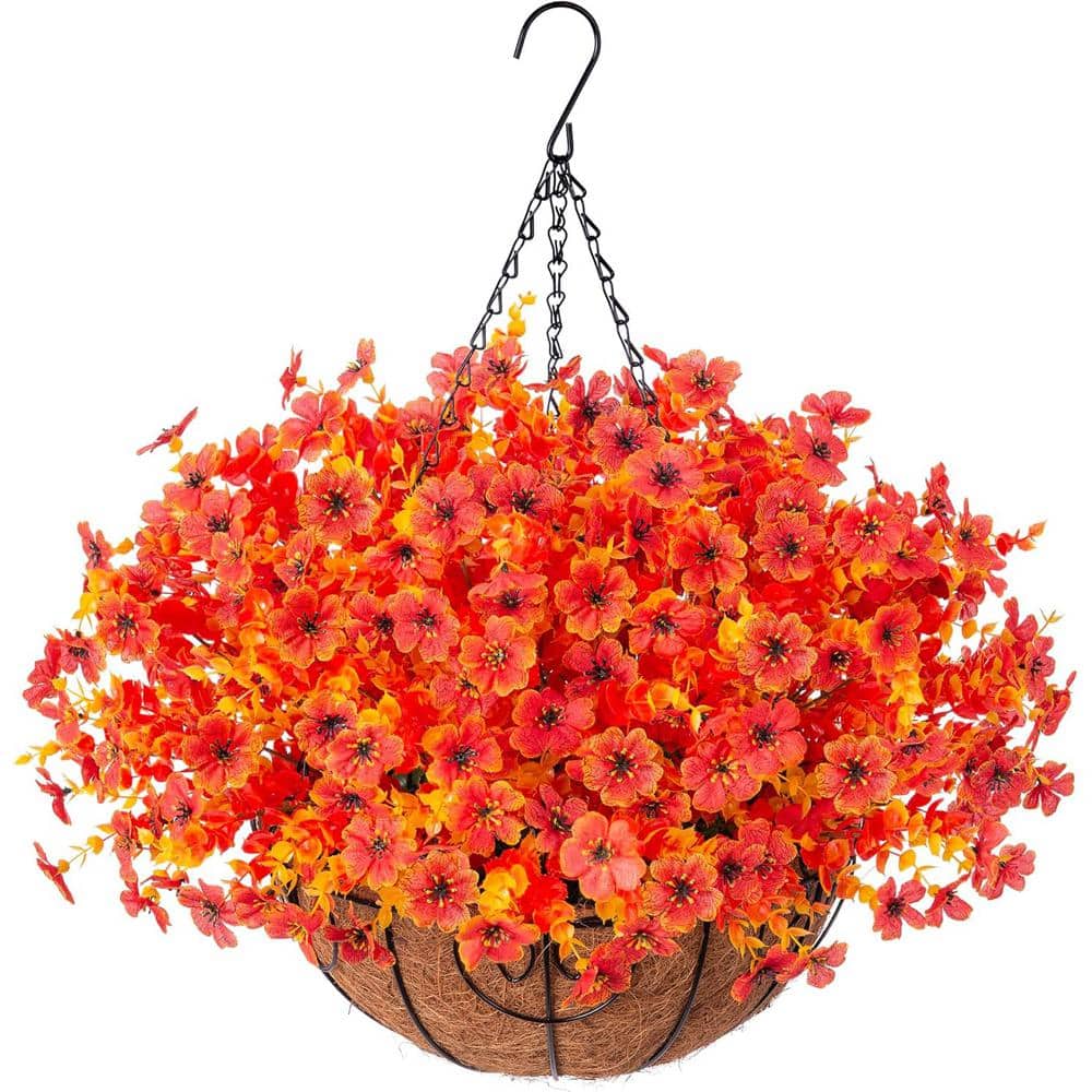 13.8 in. Orange Outdoor Artificial Daisy Flower in Basket Garden Decoration