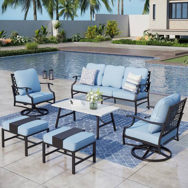 PHI VILLA Black Meshed 7-Seat 6-Piece Metal Outdoor Patio Conversation ...