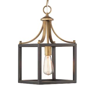 Boswell Quarter 9-1/4 in. 1-Light Vintage Brass Coastal Mini-Pendant with Painted Black Distressed Wood Accents