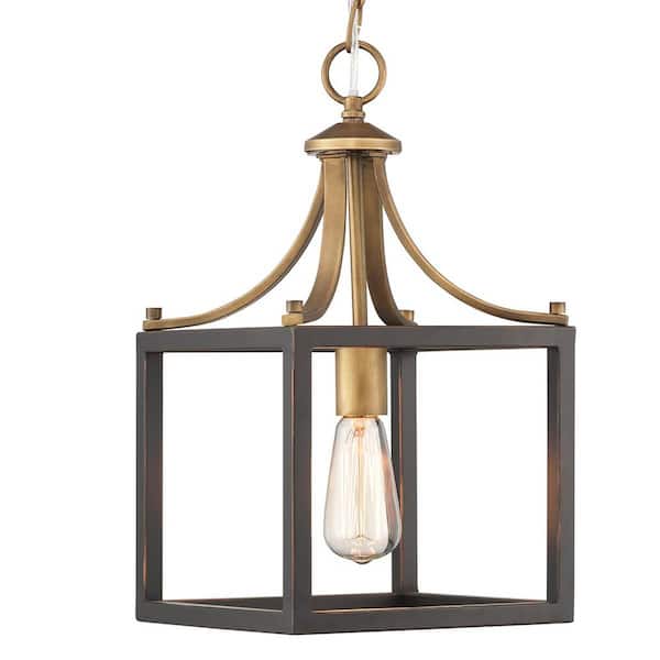 Hampton Bay Boswell Quarter 9-1/4 in. 1-Light Vintage Brass Coastal Mini-Pendant with Painted Black Distressed Wood Accents