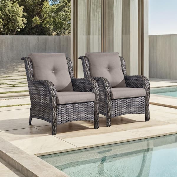 WellCane Gray Outdoor Wicker Patio Chairs Set of 2, Outdoor Lounge Chairs with Gray Cushions for Porch Balcony Backyard