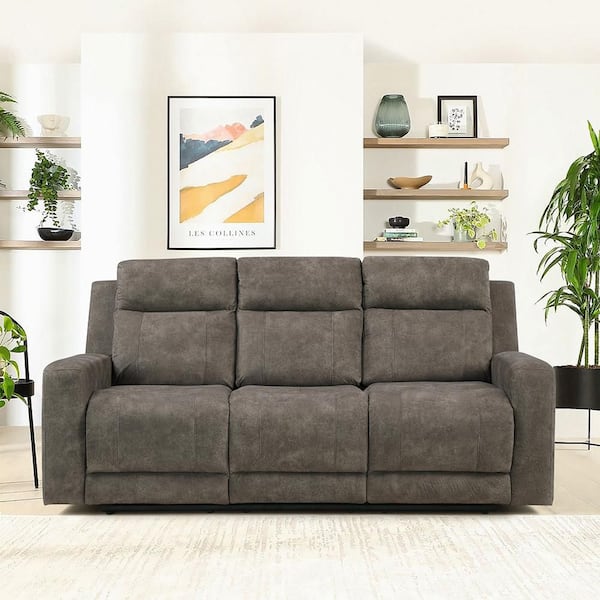 Clemencia 80 in. W Straight Arm Microfiber Rectangle Manual Double Reclining Sofa in Brown