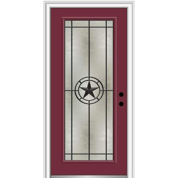 Elegant Star 32 in. x 80 in. Left-Hand/Inswing Full Lite Decorative Glass Burgundy Painted Fiberglass Prehung Front Door