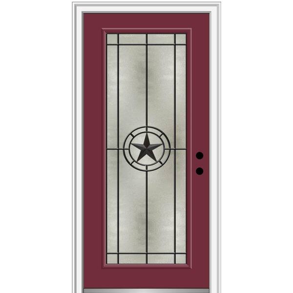 MMI Door Elegant Star 32 in. x 80 in. Left-Hand/Inswing Full Lite Decorative Glass Burgundy Painted Fiberglass Prehung Front Door