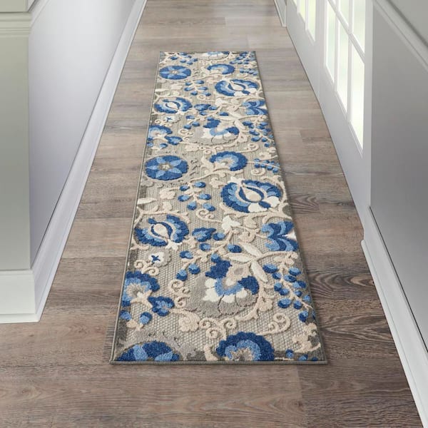 Aloha Blue 2 ft. x 6 ft. Kitchen Runner Floral Modern Indoor/Outdoor Patio Area Rug