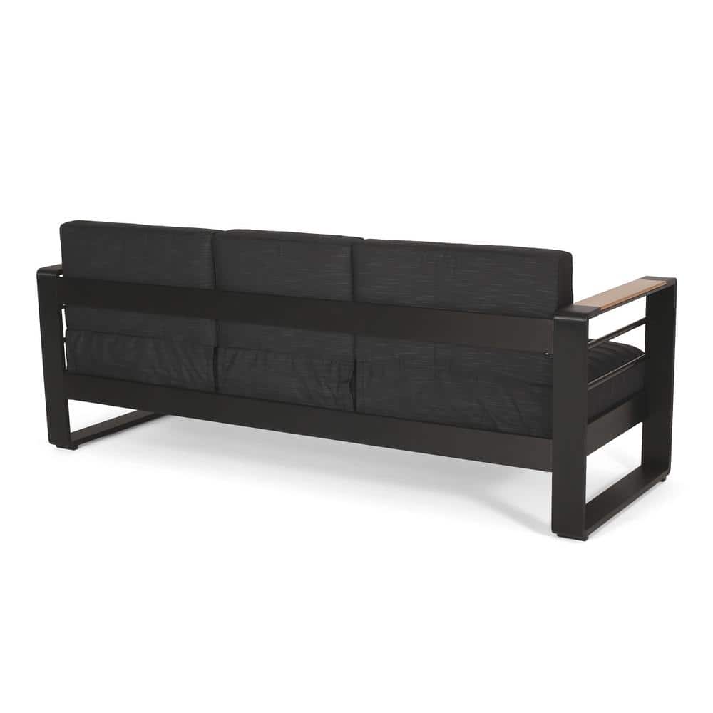 Modern Black and Natural Wood Three-Seater Outdoor Sofa