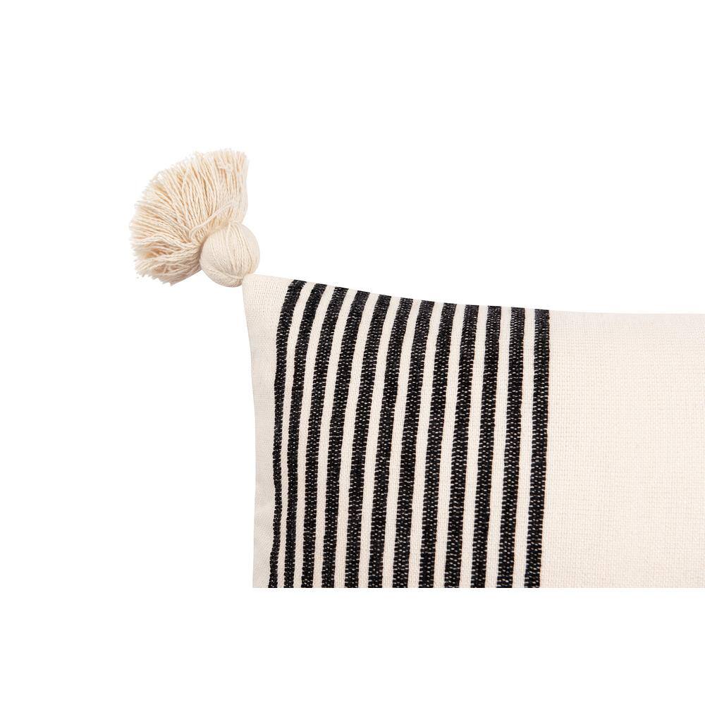Black and Cream Cotton Chenille Striped Lumbar Pillow with Tassels