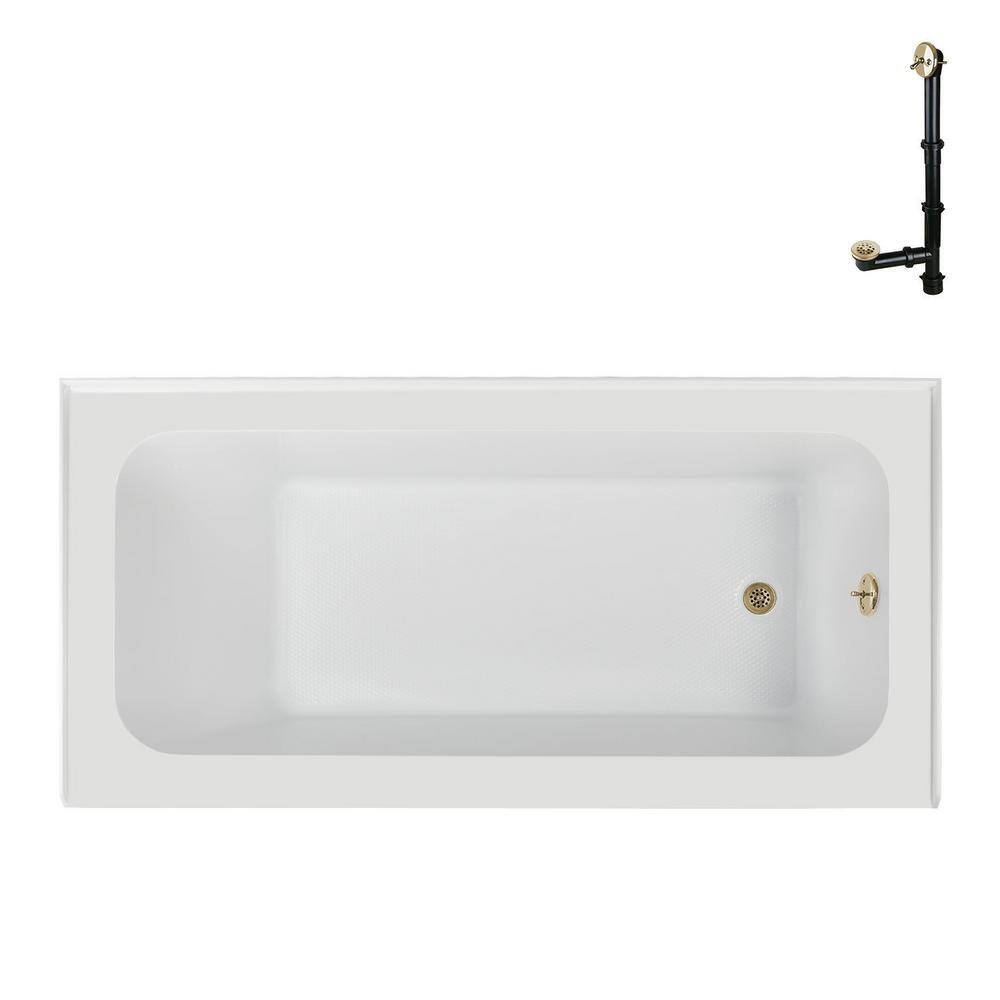 Glossy White Acrylic Rectangular Alcove Bathtub with Polished Brass Drain