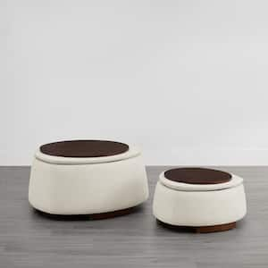 Leocadia White Fabric Rounded Pebble Tray Top Ottoman Set with Wood Frame for Living Room and Bed Room