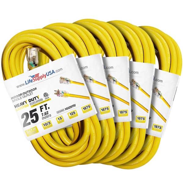 LifeSupplyUSA 25 ft. 10 Gauge/3 Conductors SJTW Indoor/Outdoor Extension Cord with Lighted End Yellow (5-Pack)