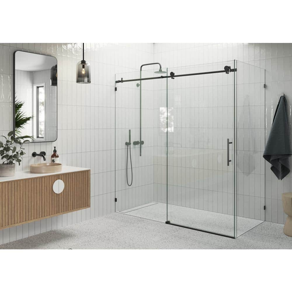 68 in. W x 78 in. H Rectangular Sliding Frameless Corner Shower Enclosure in Matte Black with Clear Glass price history on PriceWatchPro