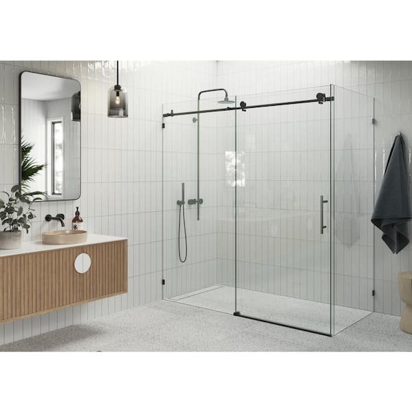 Glass Warehouse 72 in. W x 78 in. H Rectangular Sliding Frameless Corner Shower Enclosure in Matte Black with Clear Glass