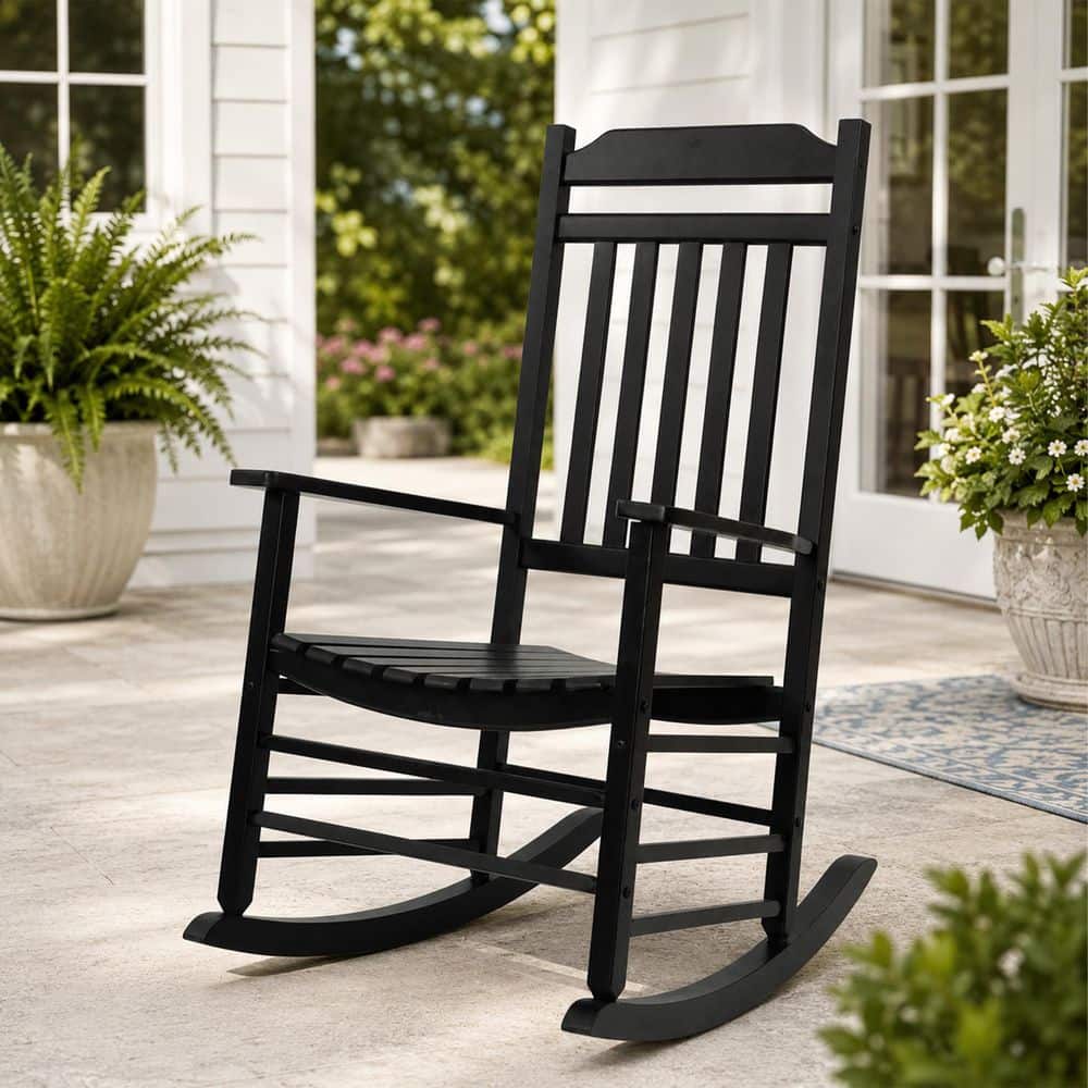 KOZYARD Porch Rocker Solid Black Wood Outdoor Rocking Chair
