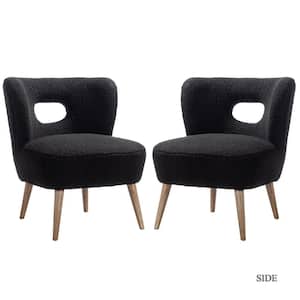 Mini Black Vegan Lambskin Sherpa Upholstery Side Chair with Cutout Back and Solid Wood Legs (Set of 2)