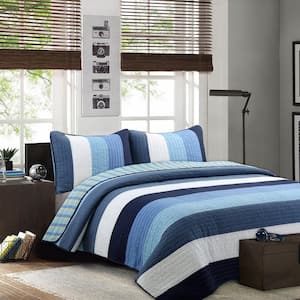Sophisticated Shades of Ocean Blues 3-Piece Stripped Cotton Queen Quilt Bedding Set