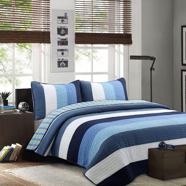 Cozy Line Home Fashions Sophisticated Shades of Ocean Blues 3-Piece Stripped Cotton Queen Quilt Bedding Set